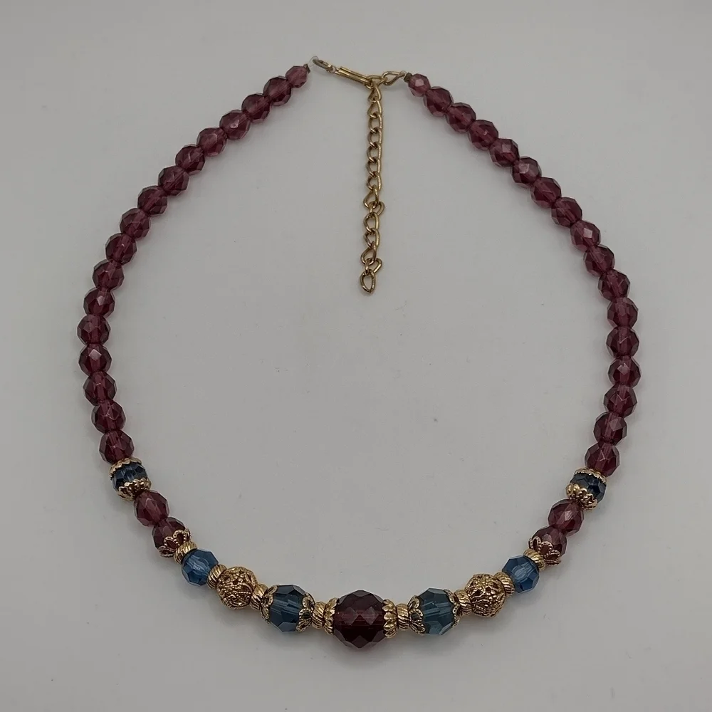 Vintage Style Glass Beaded Necklace Purple Blue and Gold - Picture 6 of 6